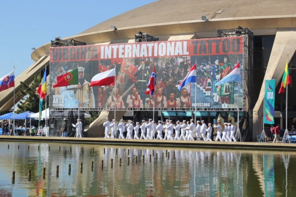 Marching around the fountain outside the arena.